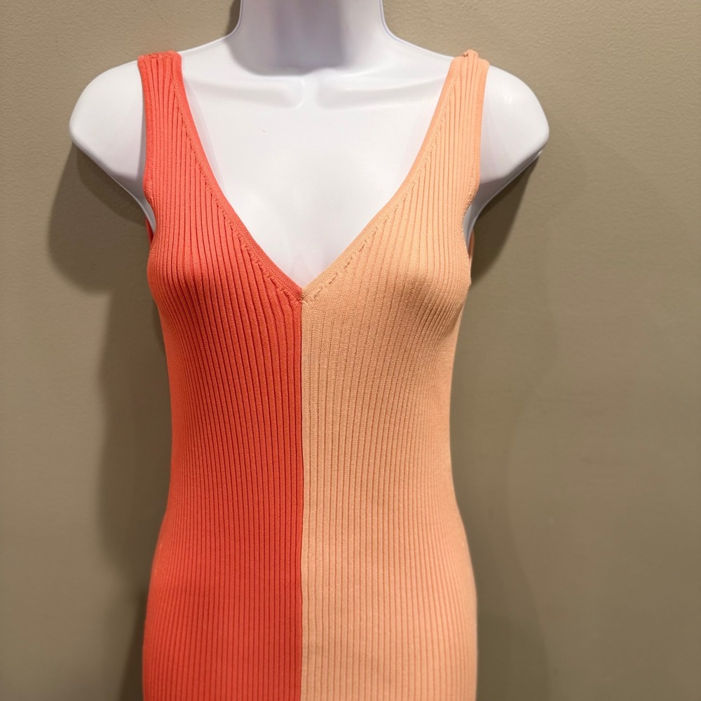 STAUD Dana Ribbed Knit Colorblock Midi Dress Peach Coral Orange Sml V-Neck Small - Picture 5 of 14